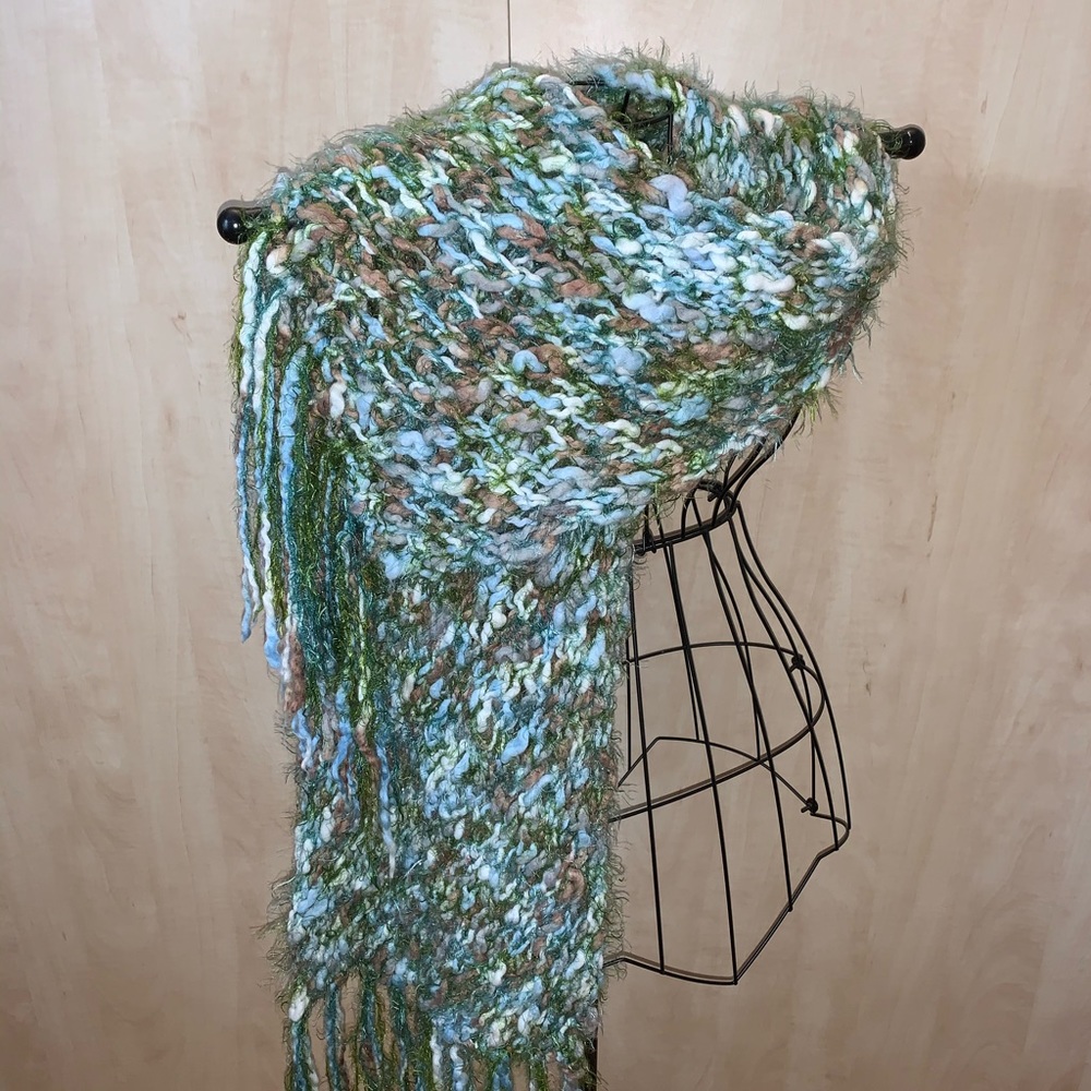 Chunky knit Multi green scarf with fringe